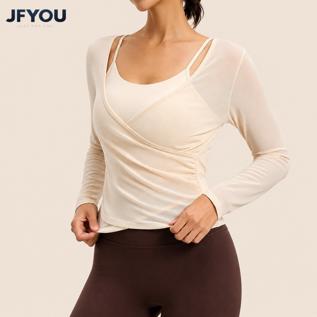 JFYOU Women's 2-in-1 Yoga Wrap Top Built-in Tank Long Sleeve Workout Gym Sports Shirt Activewear