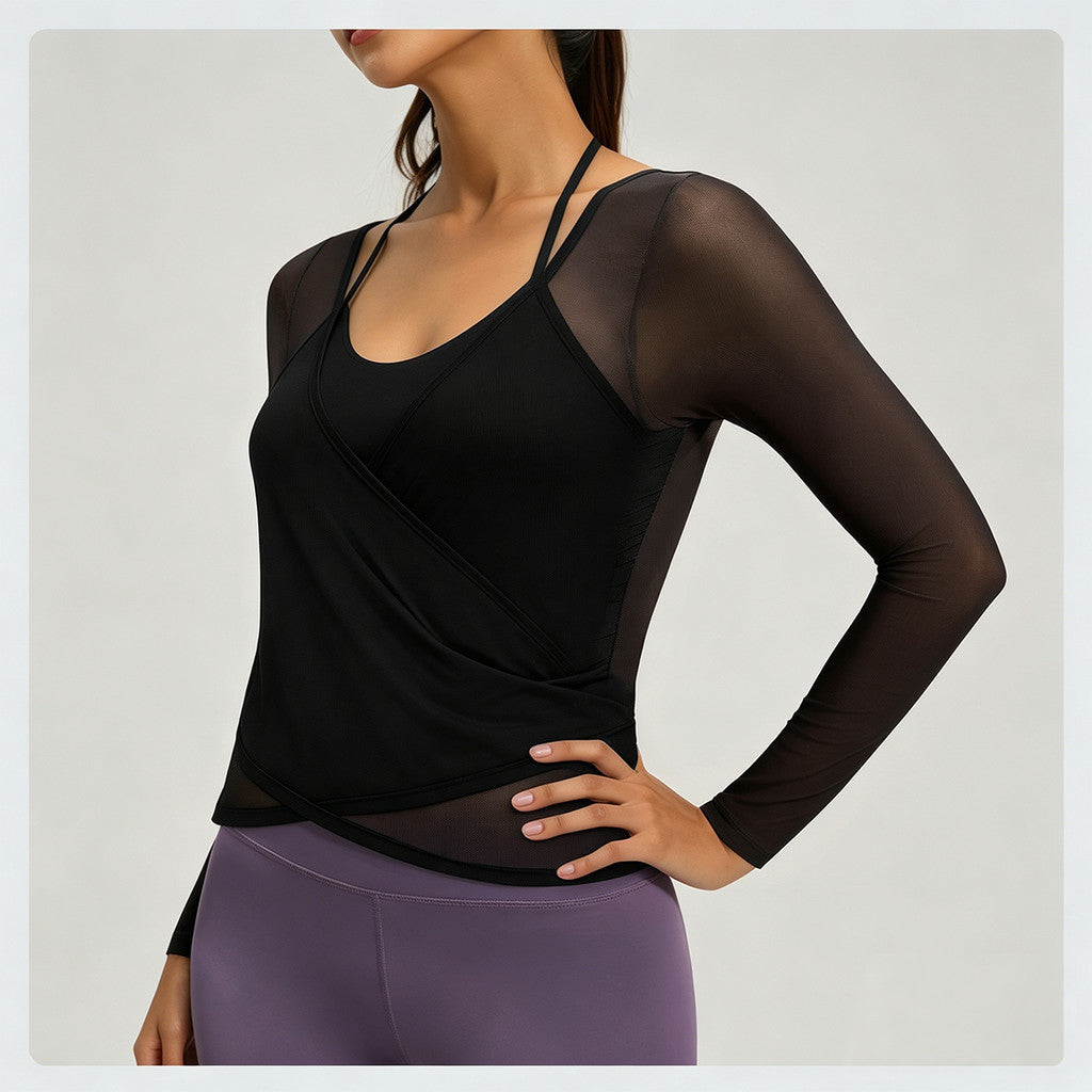 JFYOU Women’s 2in1 Sports Crop Top with Built-in Padded Bra Racerback Mesh Workout Top for Yoga Gym