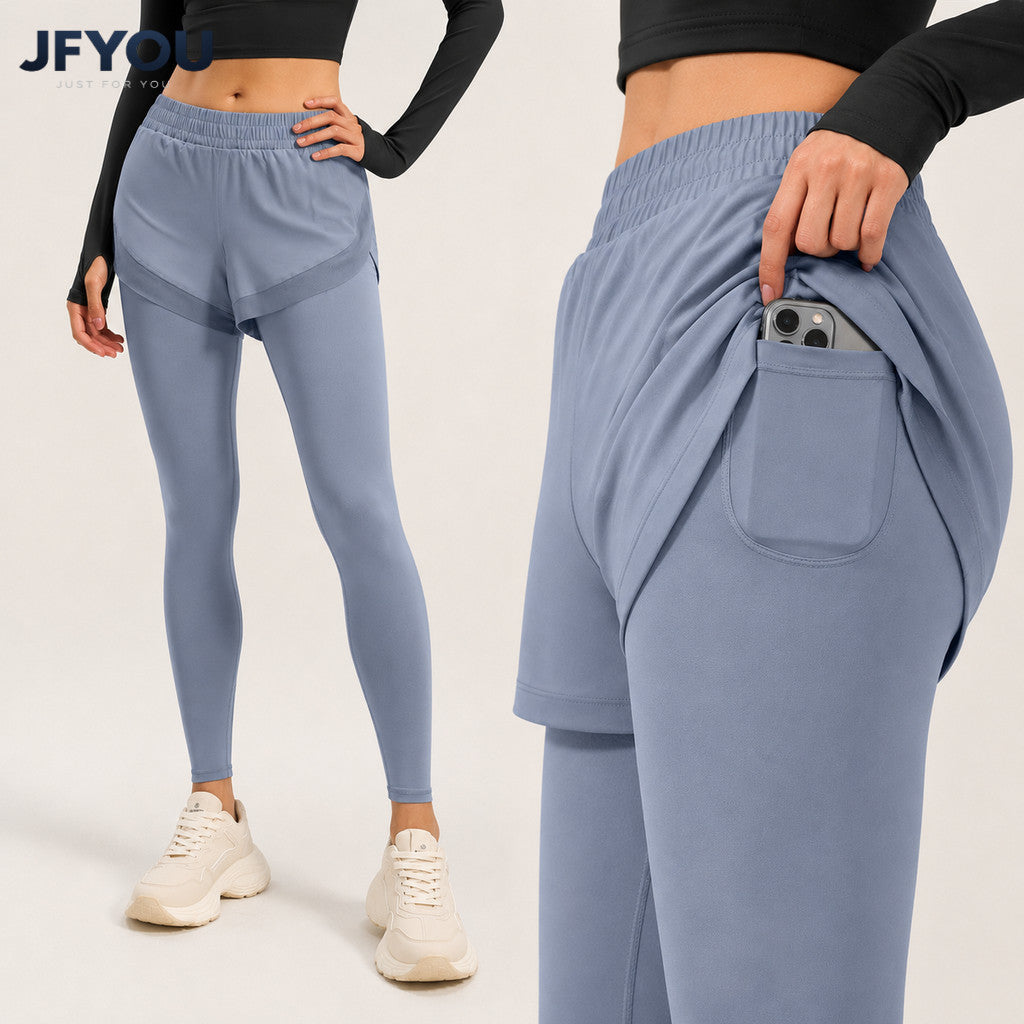 JFYOU High Waist Stretchy Yoga Leggings Fake Two Piece Design With Side Pocket Women Running & Workout Sports Pants