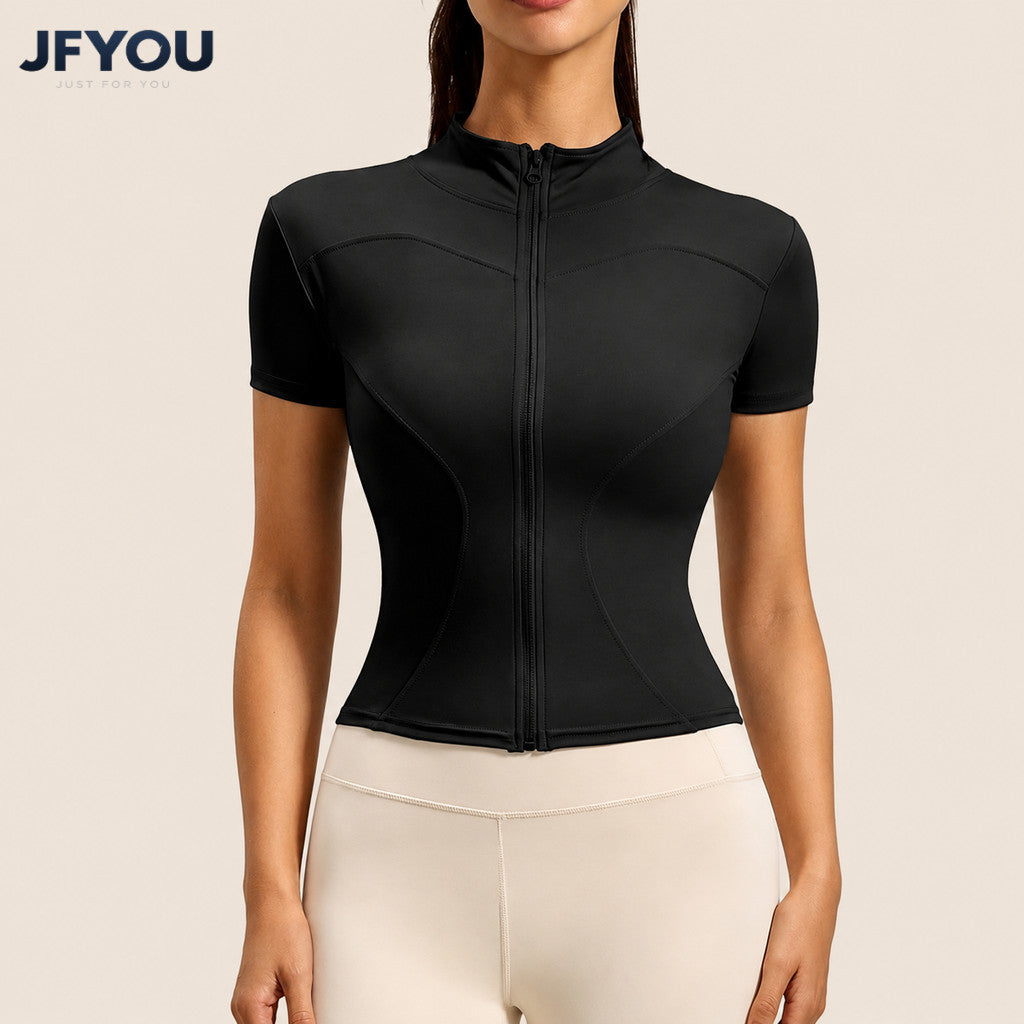 JFYOU Summer Zipper Front Short Sleeve Slim Fit Tee, Women New Tight Fit Yoga Top Gym Fitness Sports Activewear