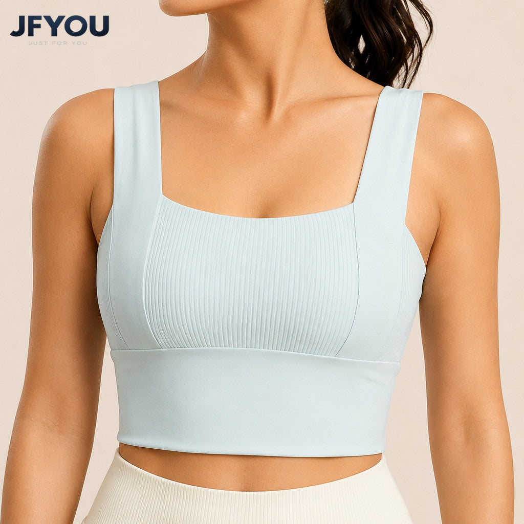 JFYOU Women's Ribbed Square Neck Sports Bra High Support Yoga Gym Workout Crop Top Fitness