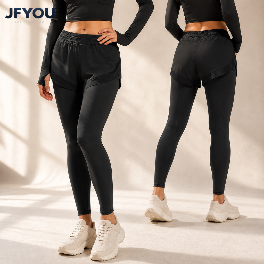 JFYOU Women's Hybrid Active Shorts Leggings | High Waist Layered Workout Tights with Phone Pocket