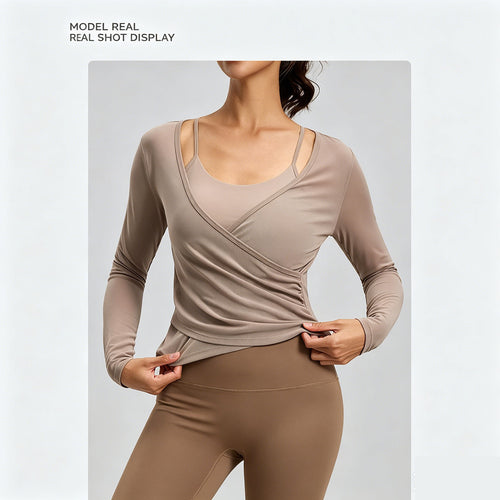 JFYOU 2-in-1 Yoga Wrap Top with Built-in Bra | Women's Long Sleeve Workout Sports Shirt