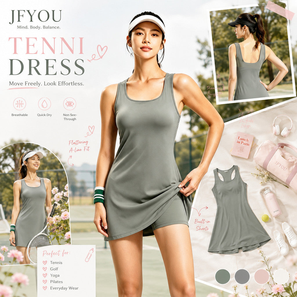 JFYOU Women's Active Dress with Built-in Shorts | Sleeveless Workout Tennis Dress Athleisure
