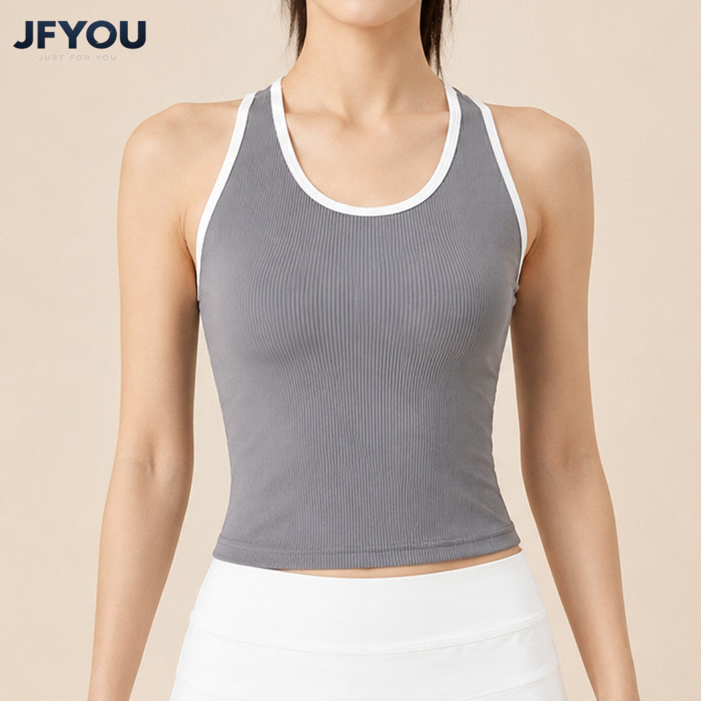 JFYOU Seamless Rib Knit Athletic Tank Top Women's Sleeveless Crop Top with Padded Cups for Yoga