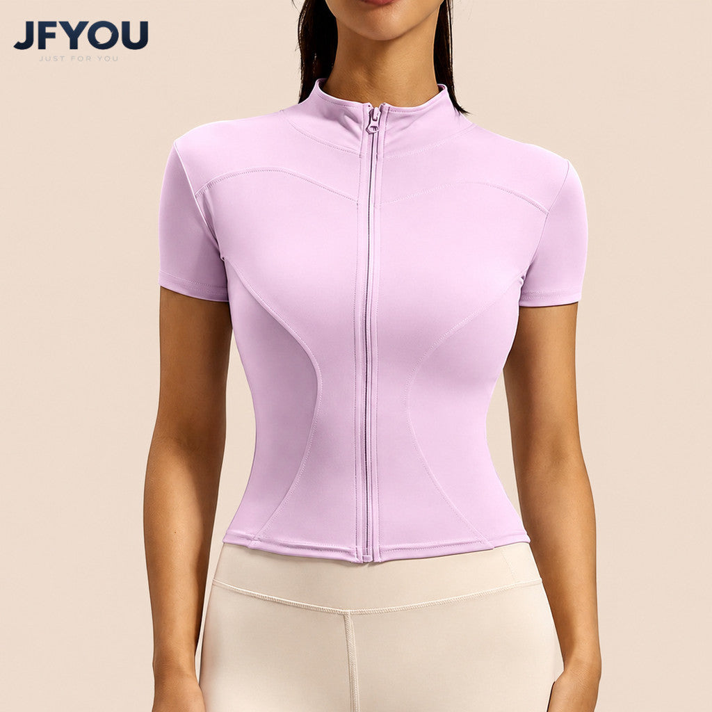 JFYOU Women Zipper Front Short Sleeve T-Shirt Slim Fit Tight Yoga Top Gym Fitness Workout Wear