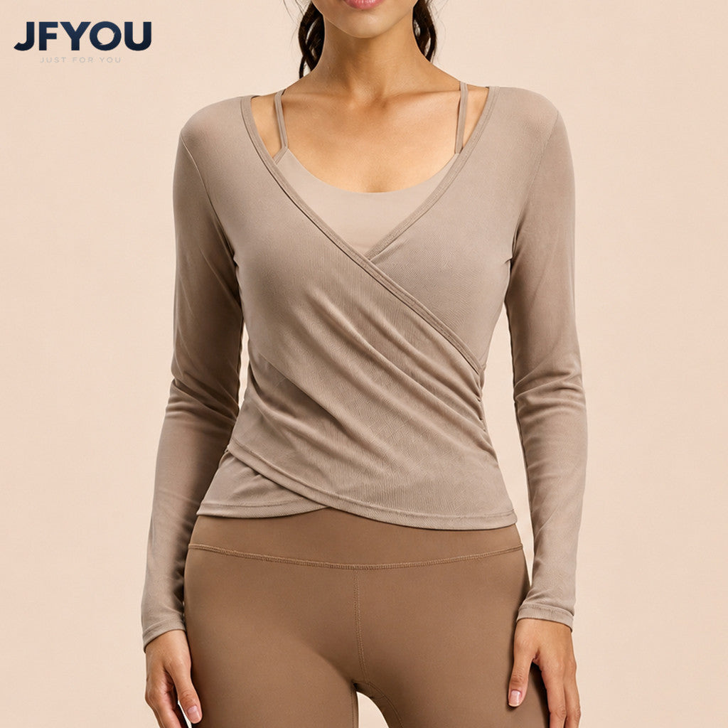 JFYOU 2-in-1 Yoga Wrap Top with Built-in Bra | Women's Long Sleeve Workout Sports Shirt