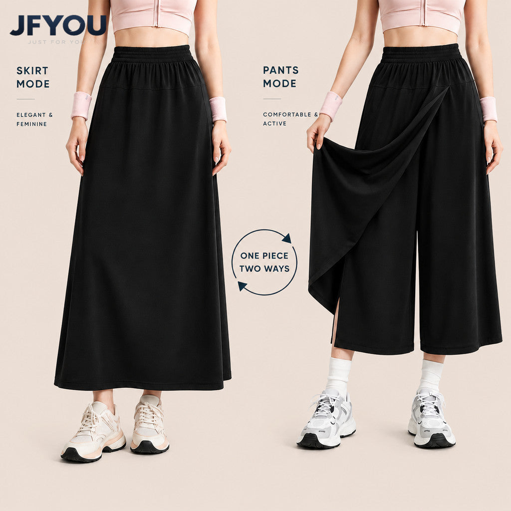 JFYOU 2-in-1 Convertible Skort Pants Women Elastic Waist Two Ways Wear Long Skirt Wide Leg Workout Yoga Trousers