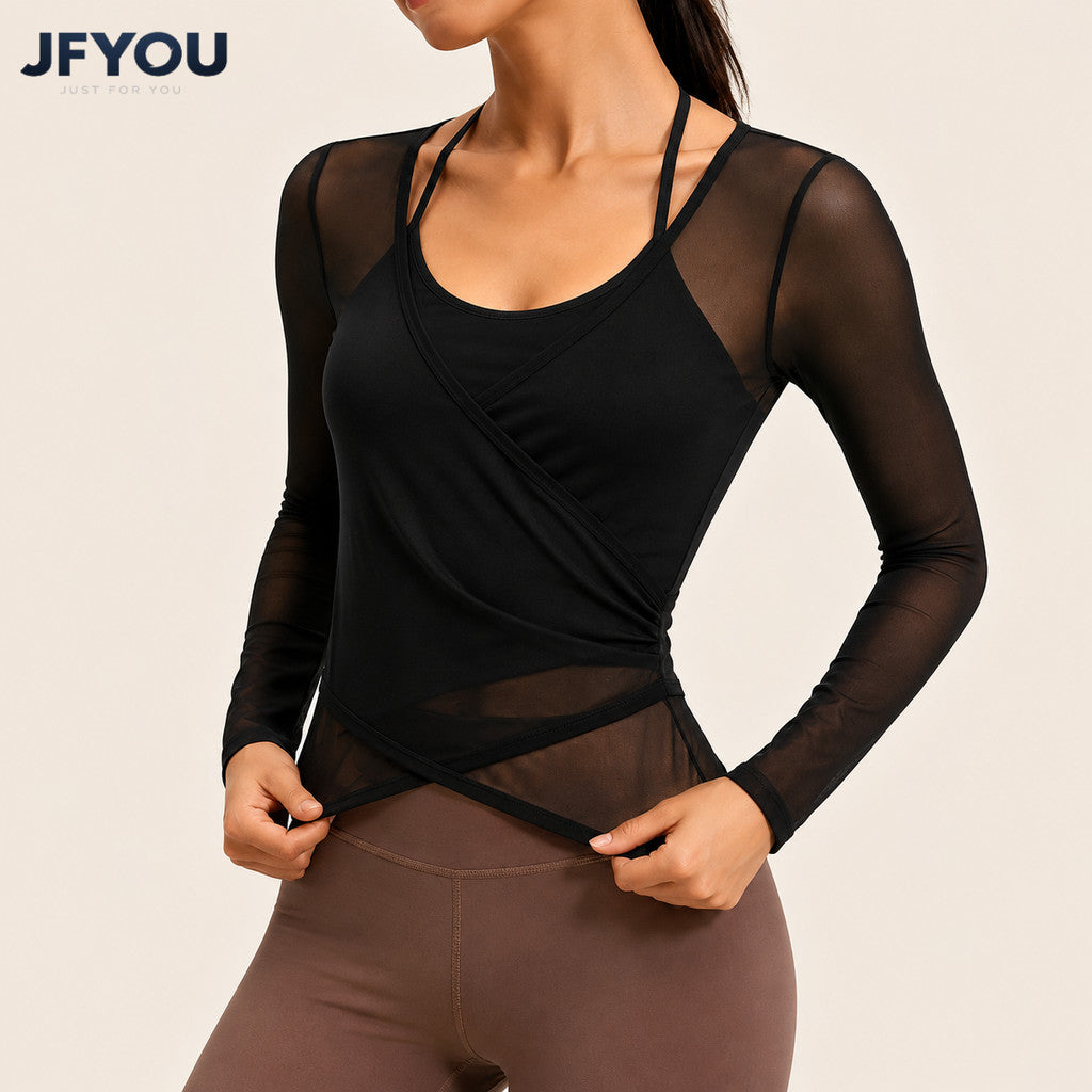 JFYOU Women’s 2in1 Sports Crop Top with Built-in Padded Bra Racerback Mesh Workout Top for Yoga Gym