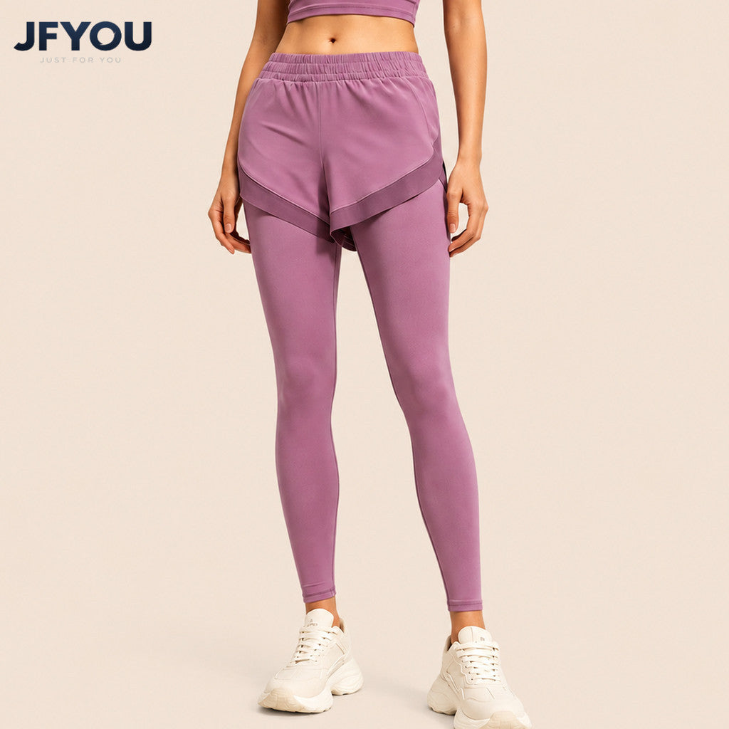 JFYOU High Waist Fake Two Piece Yoga Leggings for Women With Hidden Pocket Workout Running Sports Pants