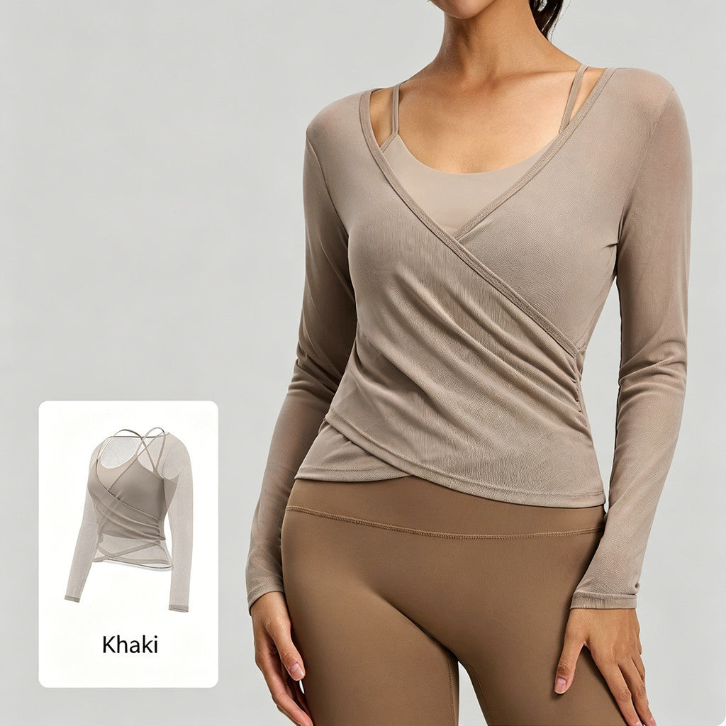 JFYOU 2-in-1 Yoga Wrap Top with Built-in Bra | Women's Long Sleeve Workout Sports Shirt