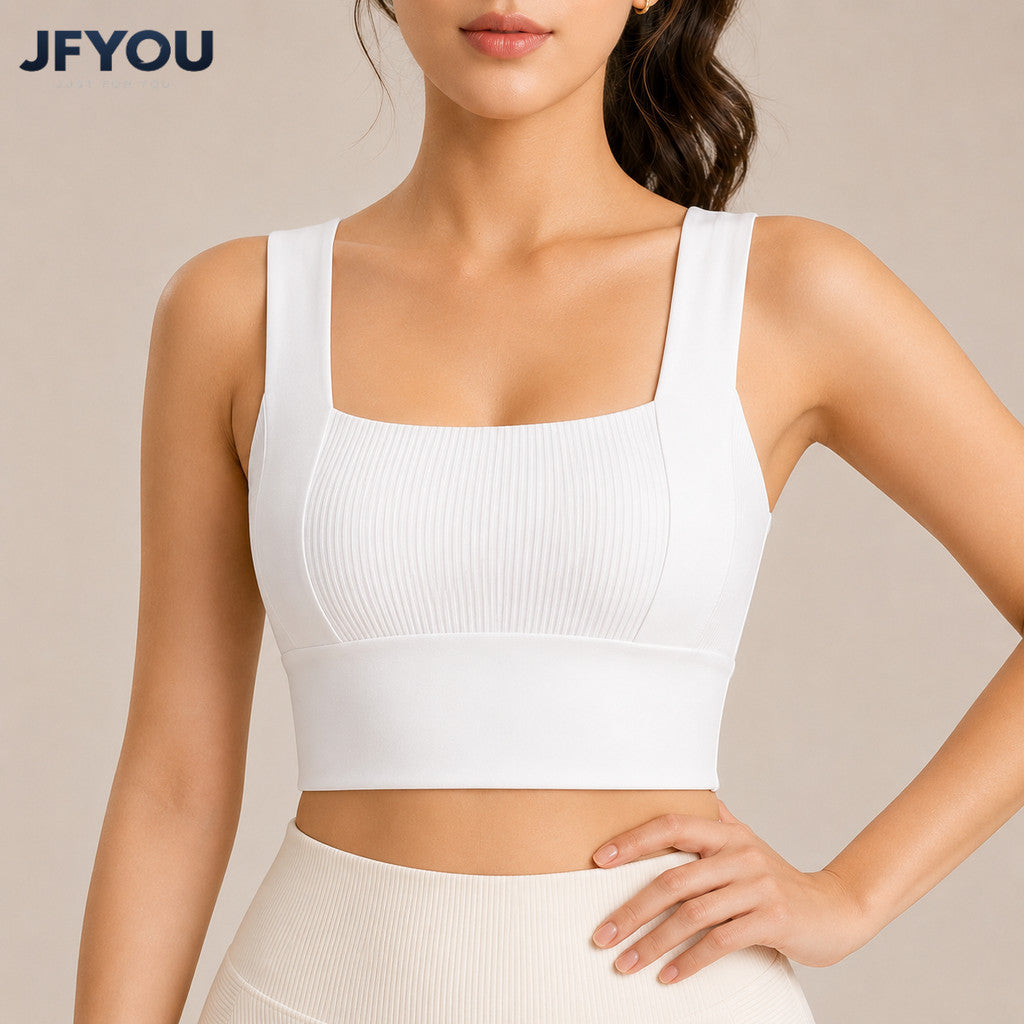 JFYOU Premium Ribbed Square Neck Sports Bra High Support Padded Workout Crop Top Yoga Gym Activewear