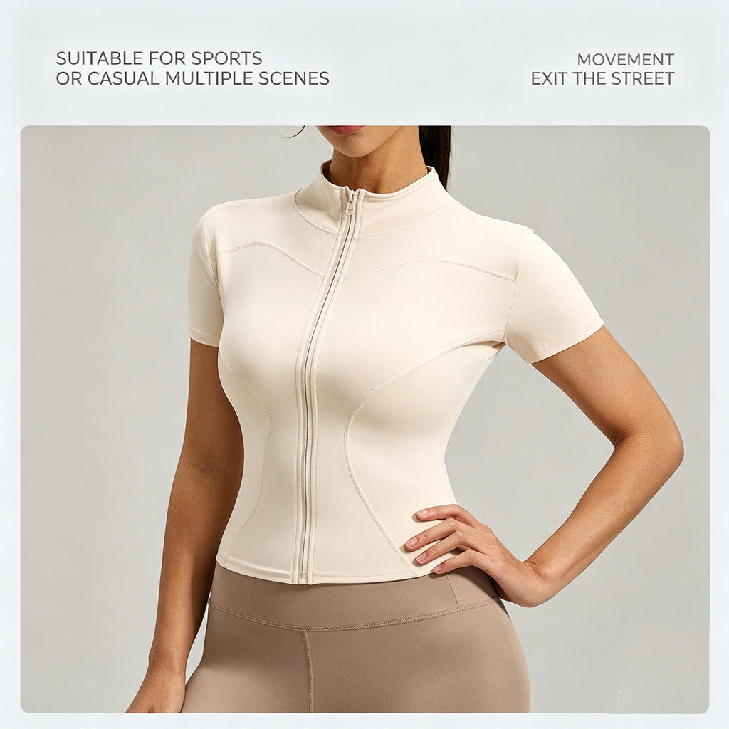 JFYOU Women Zipper Front Short Sleeve T-Shirt Slim Fit Tight Yoga Top Gym Fitness Workout Wear