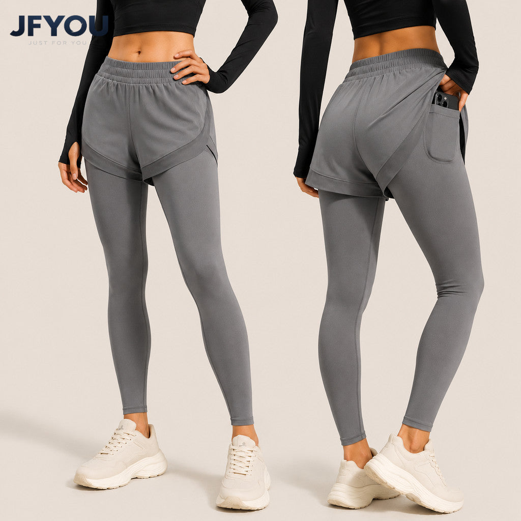 JFYOU Women's 2-in-1 Training Leggings | Layered Shorts with Phone Pocket High Waist Activewear