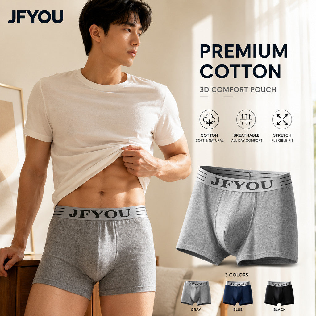 JFYOU Men's Premium Cotton Boxer Briefs | Soft Breathable Underwear | 3D Comfort Pouch