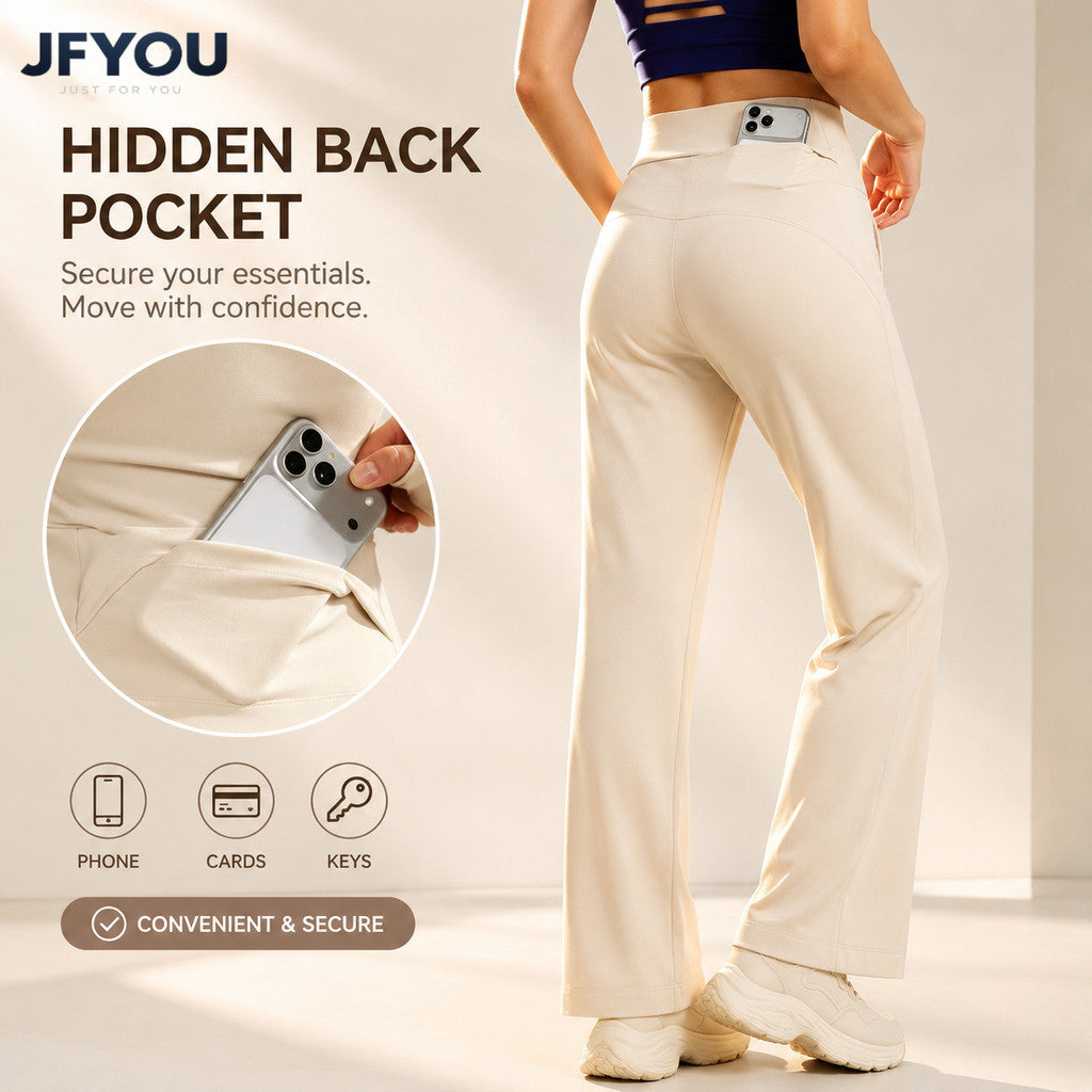 JFYOU Women's High Waist Wide Leg Pants with Hidden Back Pocket | Soft Polyester Active&Casual Wear