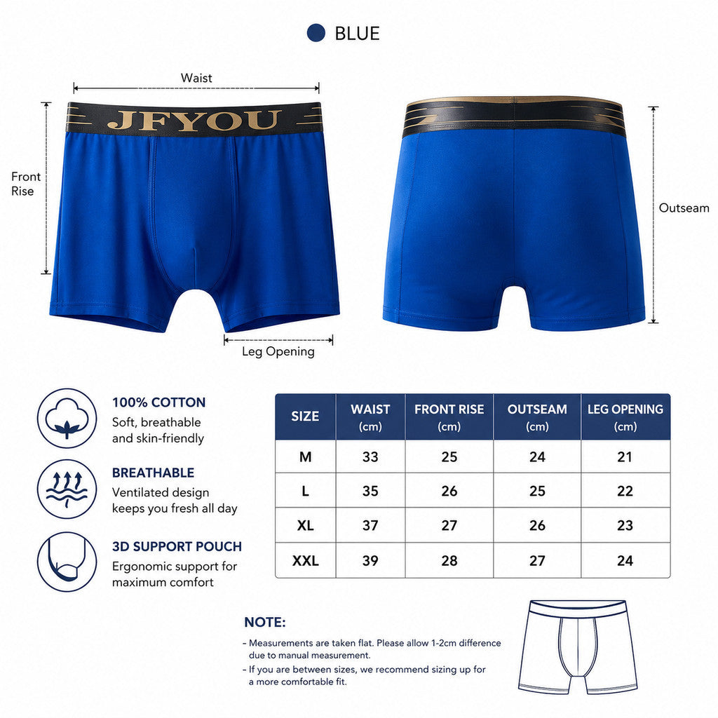 JFYOU Men's Cotton Boxer Briefs 3D Support Pouch Breathable Soft Stretch Underwear
