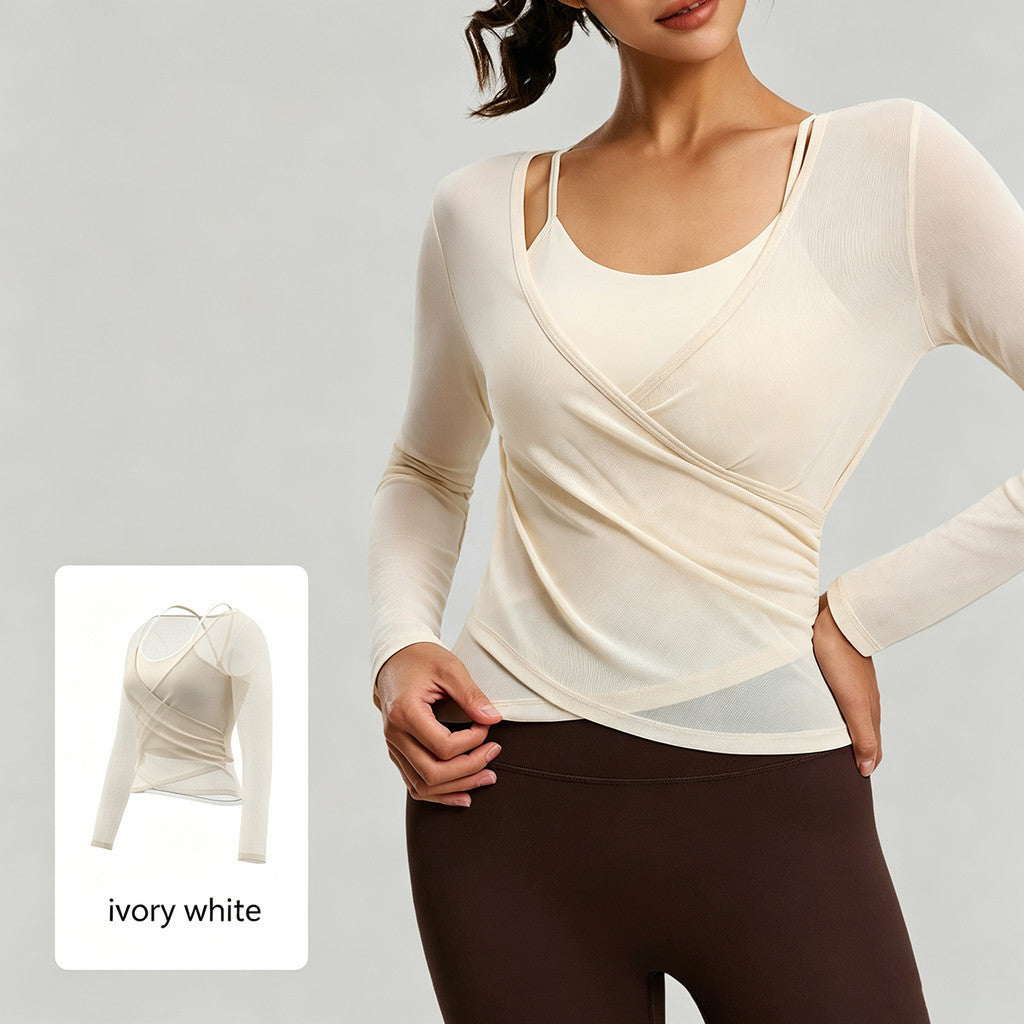 JFYOU 2-in-1 Yoga Wrap Top with Built-in Bra | Women's Long Sleeve Workout Sports Shirt