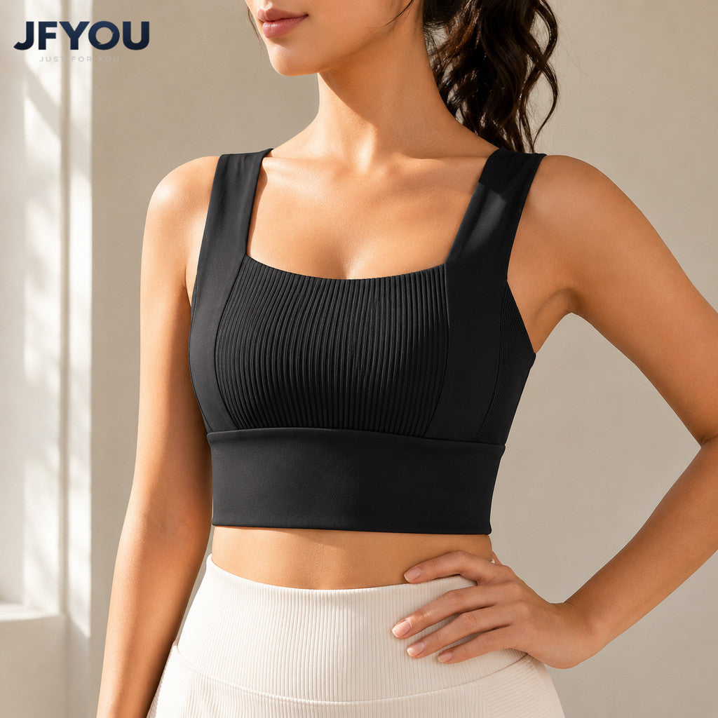 JFYOU Women's Ribbed Sports Bra | Square Neck Workout Crop Top | High Support Yoga Gym Fitness Bra